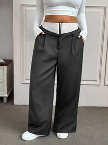 SHEIN EZwear Plus Size Women's Contrast Color Zipper Front Pockets Pleated Wide Leg Suit Pants - Black - View 7