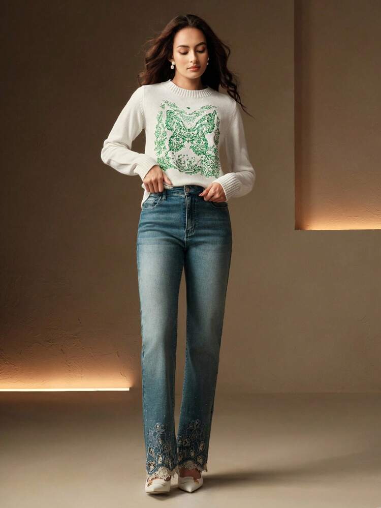 Heavy Embroidered Butterfly Knit Long Sleeve Sweater