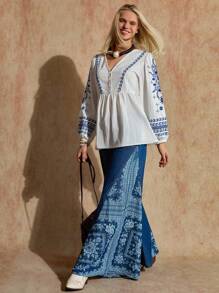 Bóhologie White Blouse Button Front Detailed With Flower Embroidery, Lantern Sleeves, Boho Style - White - View 6