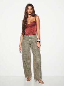 KIZN Studded Wide Leg Pants Metallic Embellished Khaki Bottoms Festival Concert Party Statement Pants Rhinestone High Waisted Y2K Fashion Western Style - Khaki - View 5