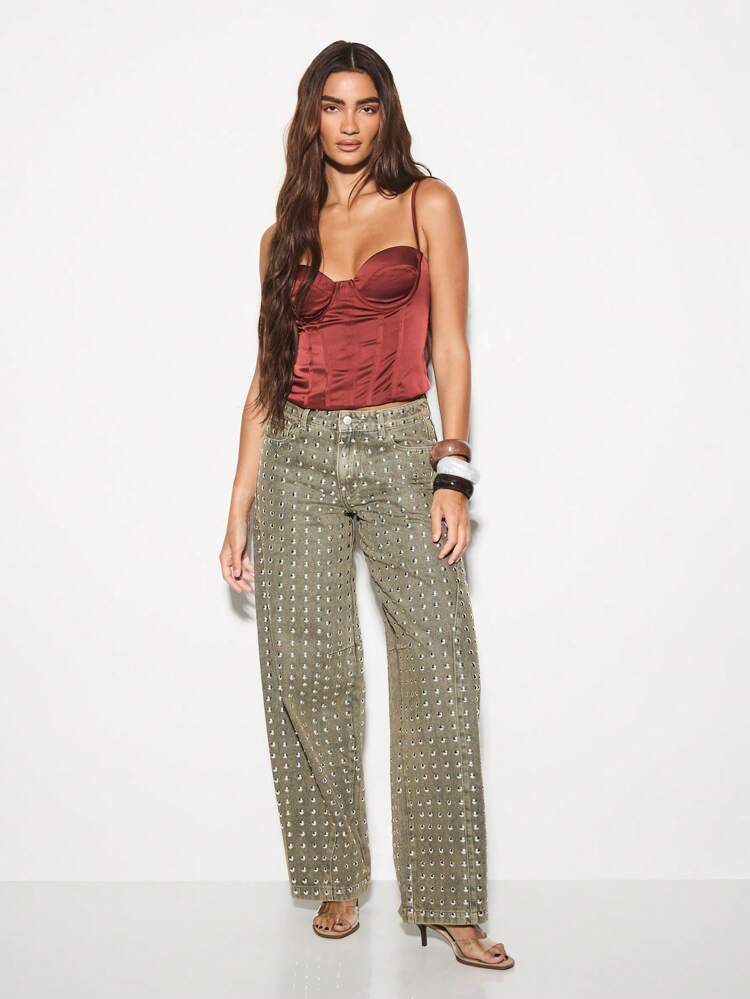 KIZN Studded Wide Leg Pants With Metallic Embellishments