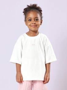 SUMWON Mädchen Oversize T-Shirt aus Baumwoll Jersey, legeres Kurzarm Oberteil mit Stadt Muster, Logo in Rosa, Basic Sommer Wochenend T-Shirt mit Rundhalsausschnitt - Weiss - Übersicht 1