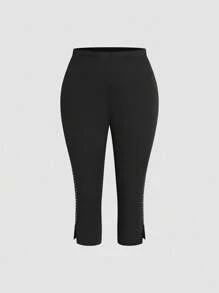 INAWLY Quần legging lửng thời trang nữ, cạp chun đính đá lấp lánh. - màu đen - Xem 3