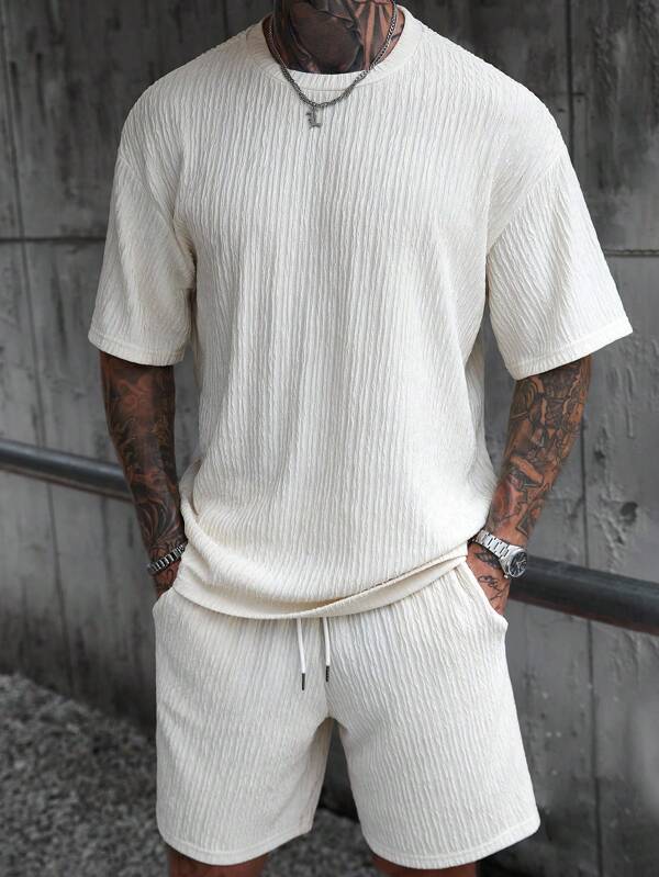Manfinity Homme 2pcs Men Knit Textured Crew Neck Short Sleeve T-Shirt And Shorts Casual Set