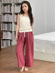 Dazy Kids 2 件套女童针织背心和梭织格子裤套装，秋季服装 - 米色 - 查看 7