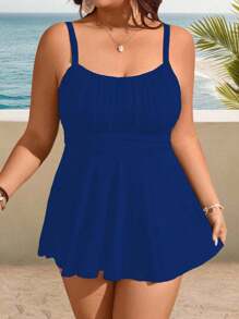 Swim Lushoire Plus Size Women 2pcs/Set Solid Color Spaghetti Strap Minimalist Style Tankini Swimsuit For Summer Beach Vacation - Blue - View 3
