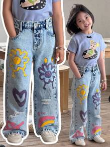 SHEIN Explorewe Denimly Girls Casual Daily Urban Street Cute Graphic Decorative Distressed Design Simple Versatile Jeans - Medium Wash - View 1