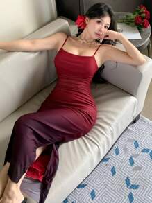 DAZY 女士渐变垂褶修身喇叭长连衣裙 夏季女装 - 紅色和黑色 - 查看 8