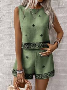 SHEIN LUNE 2pcs Women Floral Print Round Neck Sleeveless Shirt And Shorts Casual Set, Perfect For Vacation