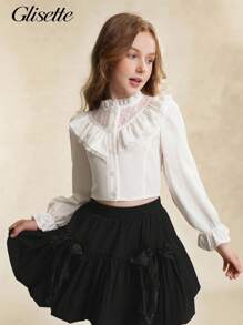 Camicia elegante casual bianca con maniche lunghe in pizzo e motivi traforati, adatta per ragazze adolescenti