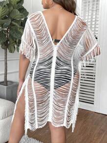 Slaydiva Plus Size Vacation Beach Loose Cover-Up With Fringe For Summer - White - View 2