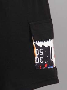 SHEIN Young Boy Graphic Print Short Sleeve Contrast Raglan Sleeve Hoodie And Shorts Set, Suitable For Summer Getaway, Holiday, Travel, Relax, Sunbathing - Black - View 6