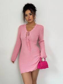 Elenzga Sexy Fashion 3D Flower Ruffle Hem Tie Bow Knot Bodycon Long Sleeve Sweater Dress For Women - Pink - View 7