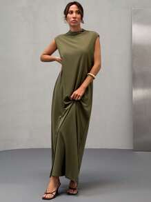 SHEIN Vestido de mujer de cuello redondo, con tirantes y mangas, de color caqui para uso casual diario