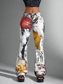 Jeanoix Jeans de mujer vaqueros informales con estampado de moda callejera vintage