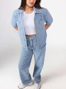 SUMWON Quilted Diamond Pattern Short Sleeve Denim Shirt Button Down Crop Top Spring Fall Casual Streetwear Jacket Modern Fashion Statement