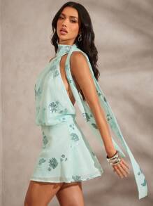 Hauture 女式性感夏季雪纺亮片露背围巾领低背迷你连衣裙 - 綠色 - 查看 2