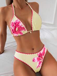Swim Vcay 2pcs Women's Bikini Set, Halter Tied Floral Hem Flower Printed Swimsuit, Fashionable Casual Holiday Swimwear For Summer Beach Vacation - Beige - View 3