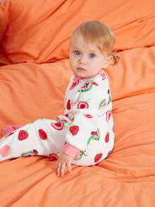 CoComelon X SHEIN 女婴西瓜印花可爱连脚连体睡衣 - 紅白色 - 查看 6