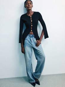 Maija Women Fashion Casual Metal Buckle Urban Minimalist Anti-Pilling Knit Sweater Ribbed Shirt Knit Top Women Knit Tops Cardigan Cropped Ribbed Knit Top Ribbed Cardigan Cropped Cardigan Button Cardigan Going Out Tops Fall Women Sexy For Women Concert For Women Date Night Women Fall Women Fall Women Autumn Winter Going Out Tops Women Going Out Tops Going Out Tops For Going Out Halloween Halloween Halloween Women Fall For Women Halloween - Black - View 6