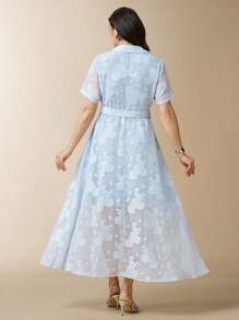 Flouryn 大码女式 Polo 领短袖雪纺连衣裙，新款时尚提花宽松 A 字裙 - 藍色 - 查看 2