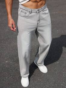 Manfinity Homme 街头时尚休闲洗水男士牛仔裤 - 灰色 - 查看 5