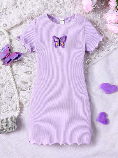 SHEIN Tween Girl Basic Casual Knitted Butterfly Patch A-Line Dress, Spring/Summer.Summer Dress Holiday Outfits