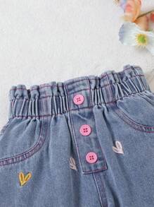 SHEIN 女孩休闲舒适柔软水洗彩色刺绣花卉腰哈伦裤，时尚假日/街头风，轻盈夏季 - 中等水洗藍 - 查看 8