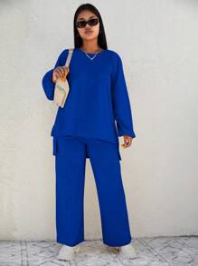 EURMUSE Plus Size Solid Color Asymmetrical Hem Top And Loose Pants 2pcs/Set - Navy Blue - View 1