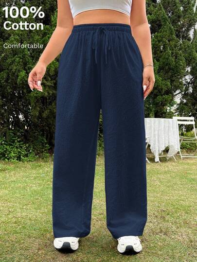 SHEIN EZwear Plus Size Women's Solid Color Drawstring Waist Loose Wide Leg Casual Pants Wide Leg Pants For Women,Fall Clothes For Women