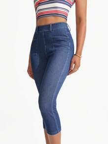 Flexra 纯色口袋松紧腰时尚修身七分牛仔裤 - 中等水洗藍 - 查看 7