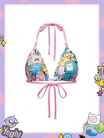 Adventure Time X ROMWE Y2K Cute Cartoon Fully Allover Print Beaded Detail Halter Top