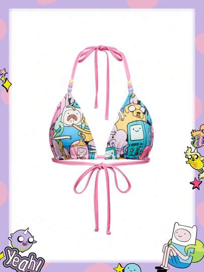 Adventure Time X ROMWE Spring/Summer Carnival Beach Vacation Graphic Y2K Cute Cartoon Fully Allover Print Beaded Detail Halter Top