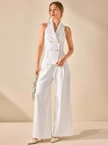 CLARA VERO Conjunto de 2 piezas para mujer con chaleco de cuello halter y pantalón ancho plisado elegante