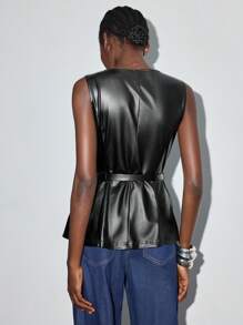 Maija 1 件女式纯色 PU 皮革单排扣无袖时尚西装外套 - 彩色 - 查看 2