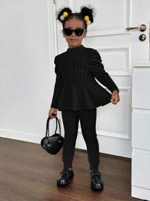 2 件套年轻女孩和年轻女孩纹理腰带毛衣和针织紧身裤，休闲秋冬装 - 黑色 - 查看 6