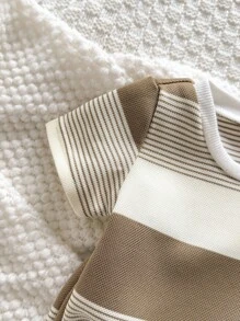 Newborn Baby 2pcs/Set Colorful Striped Knit Soft Round Neck Short Sleeve Pullover Top And Elastic Waist Shorts Outfit Mocha Baby Clothes Striped Baby Clothes Neutral Baby Clothes - Multicolor - View 5