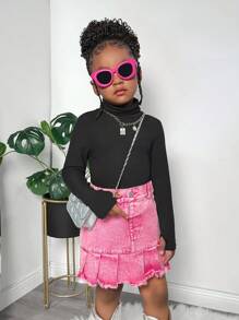 2pcs Young Girl Black Solid Color Knit Crew Neck Long Sleeve Fitted Top, Sibling Matching Outfits (Sold Separately)