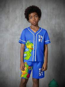 TEENAGE MUTANT NINJA TURTLES | SHEIN Tween Boy Cartoon Turtle & Letter Print Blue Casual V-Neck Short Sleeve T-Shirt And Shorts Set - Multicolor - View 4