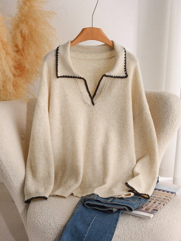 CosyJoli Plus Size Casual Color-Block Dogstooth Trim V-Neck Pullover Sweater,Fall Clothes For Women Autumn