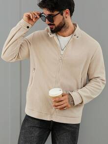 Manfinity Homme 1 قطعة جاكيت رجالية، جاكيت قصيرة بسحاب باللون المشمشي، تصميم أعمال بسيط، مناسبة للياقة الرشيقة والراحة، بجيبين سحابيين وظيفيين، جاكيت شائعة للأسلوب الشارعي الناضج، ارتداء كاجوال للذهاب للمدرسة أو العمل أو العطلات، هدية للزوج/الحبيب، جاكيت متطابقة للأزواج - لون مشمشي - مشاهدة 4