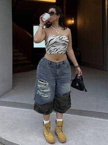 Slaydiva Plus Size Camouflage Patchwork Distressed 3/4 Length Jeans - Black - View 5