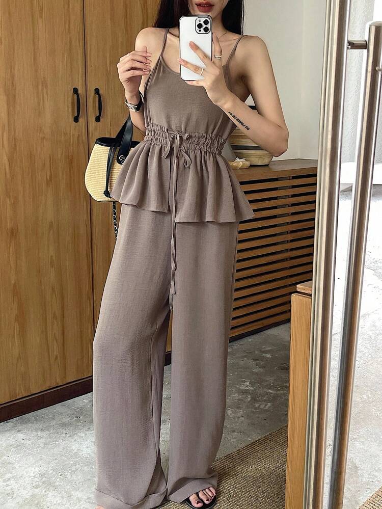 Women's Summer Ruffled Hem Strap Jumpsuit, Waist Cinch Jumpsuitlounge Sets For Women