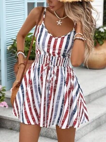SHEIN Macacão feminino listrado plus size sem mangas com bolsos, casual de verão - Multicolorido - Ver 6