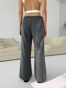 SHEIN EZwear 女士纯色宽腿宽松休闲通勤裤 - 灰色 - 查看 2
