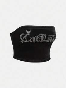 ROMWE J-Fashion Conjunto de 2 peças Y2K com letras de gato sexy e strass, decoração de veludo, top tipo bandeau e shorts de veludo com cordão na cintura, para mulheres - Preto - Ver 7