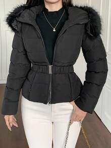 DAZY Women's Autumn/Winter Fitted Padded Coat With Furry Collar And Waist Drawstring Jacket - Black - View 14