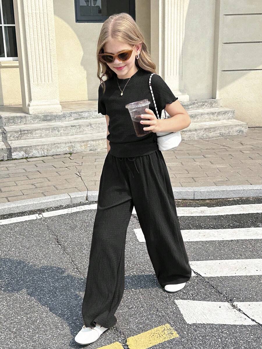 SHEIN Comfortable Polyester Plain Black Co-Ords With Regular Sleeves And Relaxed Fit For Tween Girls Tween Girl Wide Leg Pants Girls Wide Leg Pants Set Girls Black Wide Leg Pants Tween Girl Wide Leg Pants Outfit Tween Girls Summer Outfit Girls Wide Leg Pants Outfit Teen Girl Wide Leg Pants Outfit Tween Girls Wide Leg Pants Set Teen Girls Wide Leg Pants Outfit Girls Black Wide Leg Pants Set - Black - View 1