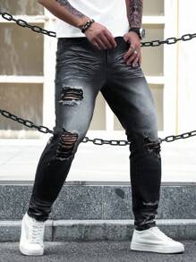 Manfinity LEGND Quần Jeans Skinny Denim Rách Túi Đơn Giản Cho Nam - màu đen - Xem 6
