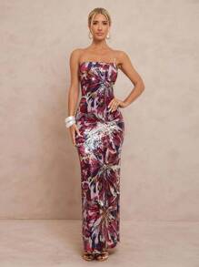 Lumalex 秋季简约复古闪亮假日派对装扮，适合锐舞节、外出游玩、泳装度假、波西米亚风海滩、户外、婚礼季、宴会、成人礼、海滩、海边、大码花卉刺绣亮片系带露脐短款连衣裙，后开衩，女款 - 彩色 - 查看 2